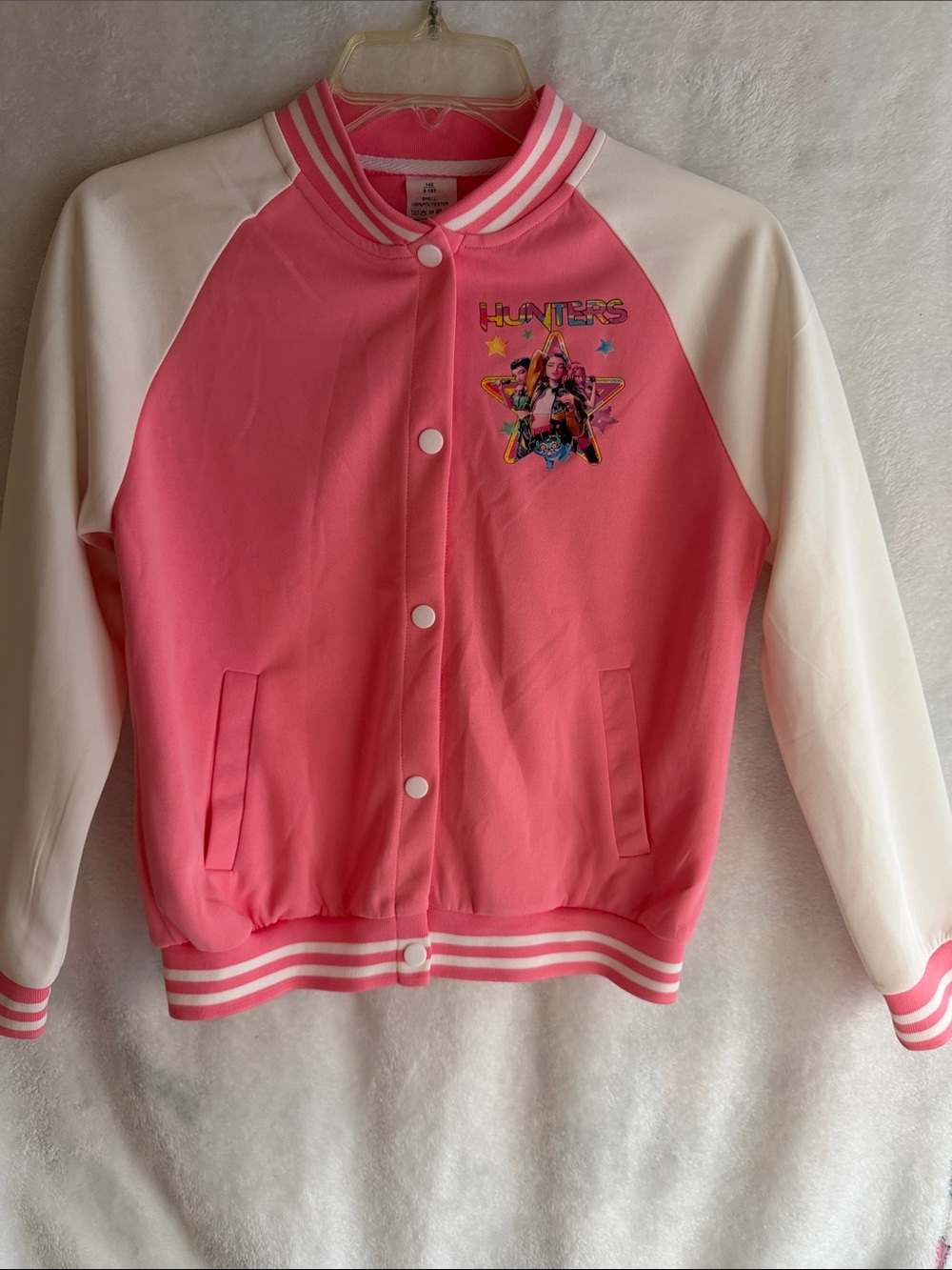 Hunter Pink and White Girls' Baseball-Style Jacket with Graphic Patch